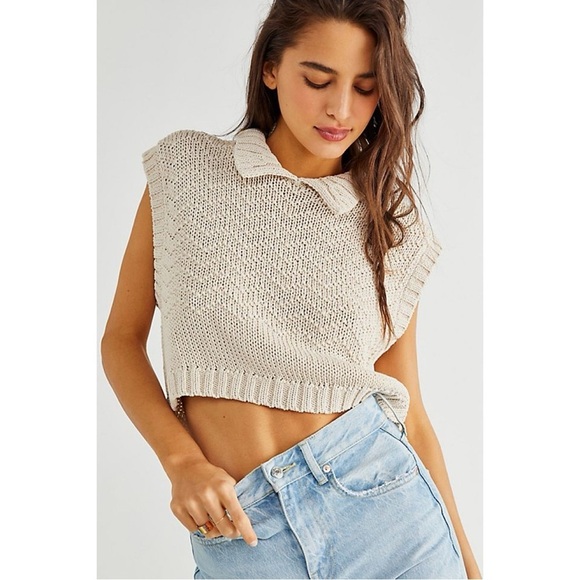 Free People Winding Road Tank Vest Chunky Knit Tan Pullover Preppy Casual L - Picture 2 of 14